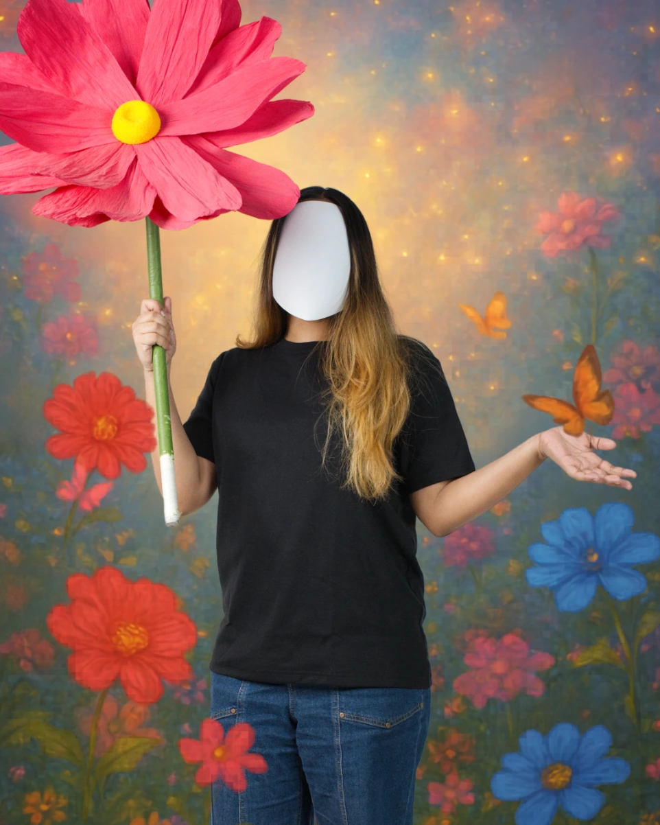 No Face oversized black T-shirt with red floral background