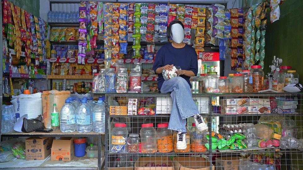 No Face T-shirt worn in front of colorful shop display